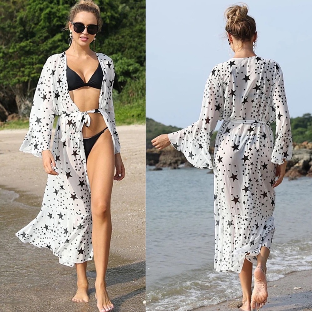 Boho White Chiffon with Black Stars Kimono Duster Beach Coverup - Picture 5 of 16